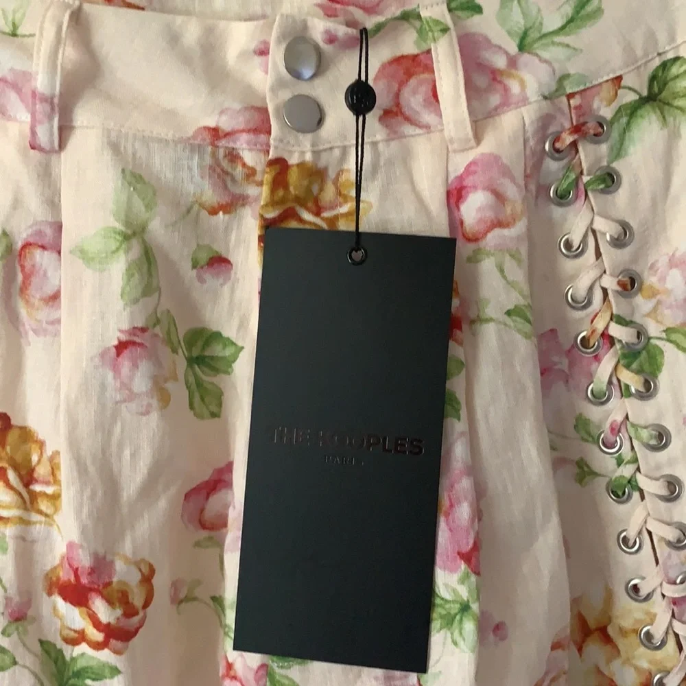 NWT The Kooples 100% Linen Antique Floral Lace-Up Shorts